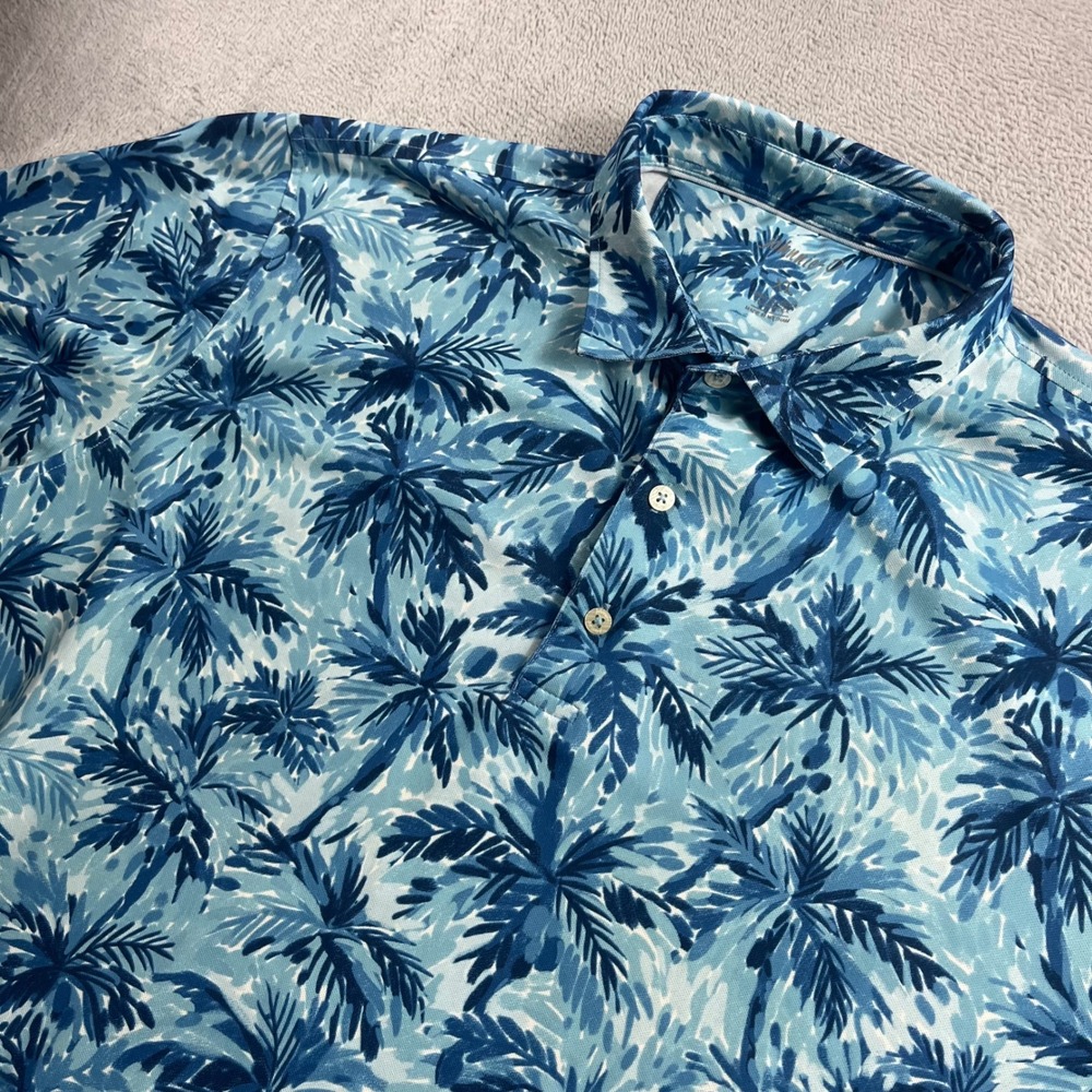Johnnie-O Mens XL Polo Shirt Blue Palm Tree Prep-Performance Short Sleeve Golf